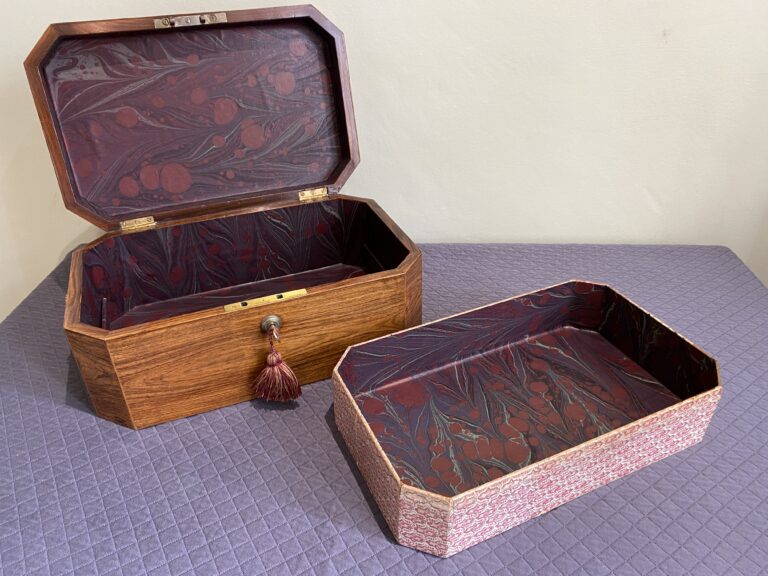 Early 19th cent Rosewood jewelery box with lift out tray interior, with canted corners and scotia moulding to top.
