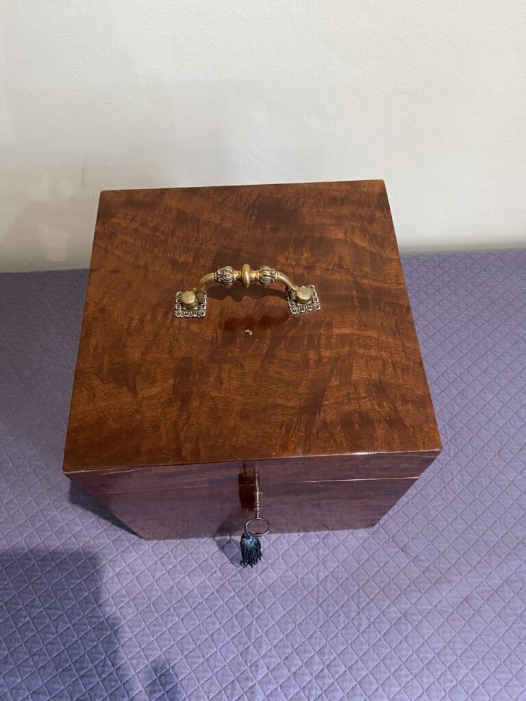 Georgian mahogany box with lined interior and fine quality cast brass carrying handle.